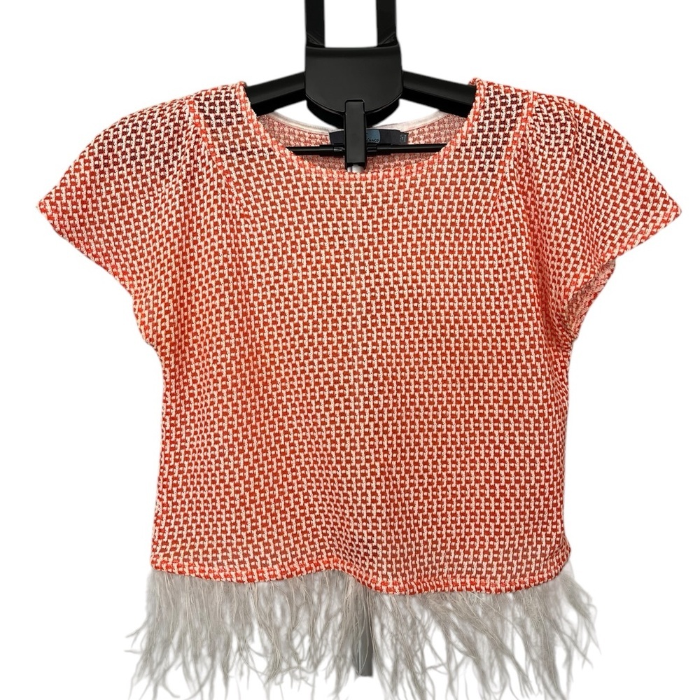 Eva Franco Anthropologie Boho Feather Trim Short Sleeve Top Size XSP